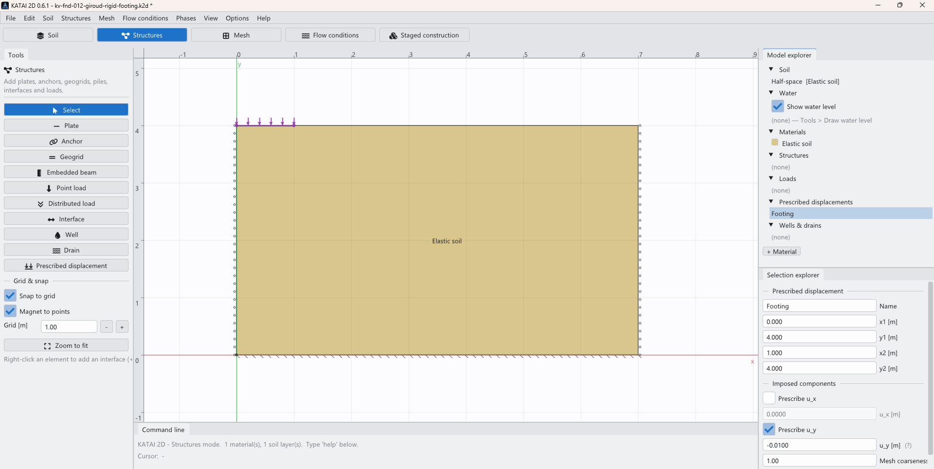 The rigid footing benchmark built in KATAI 2D Studio: a 7 m by 4 m half model with the prescribed displacement line on the left part of the surface.